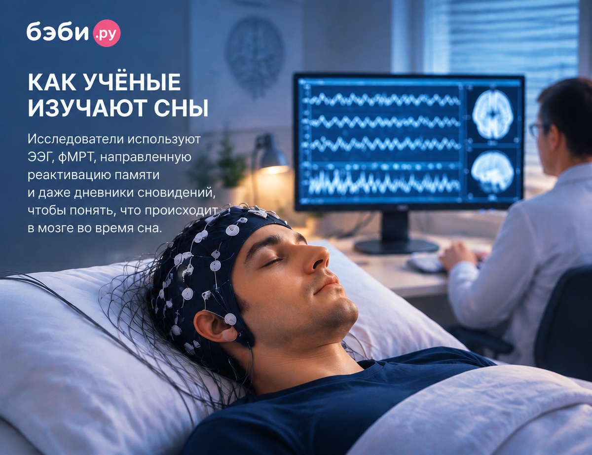 Человек спит в лаборатории с датчиками ЭЭГ на голове, исследователь изучает показатели активности мозга на мониторе