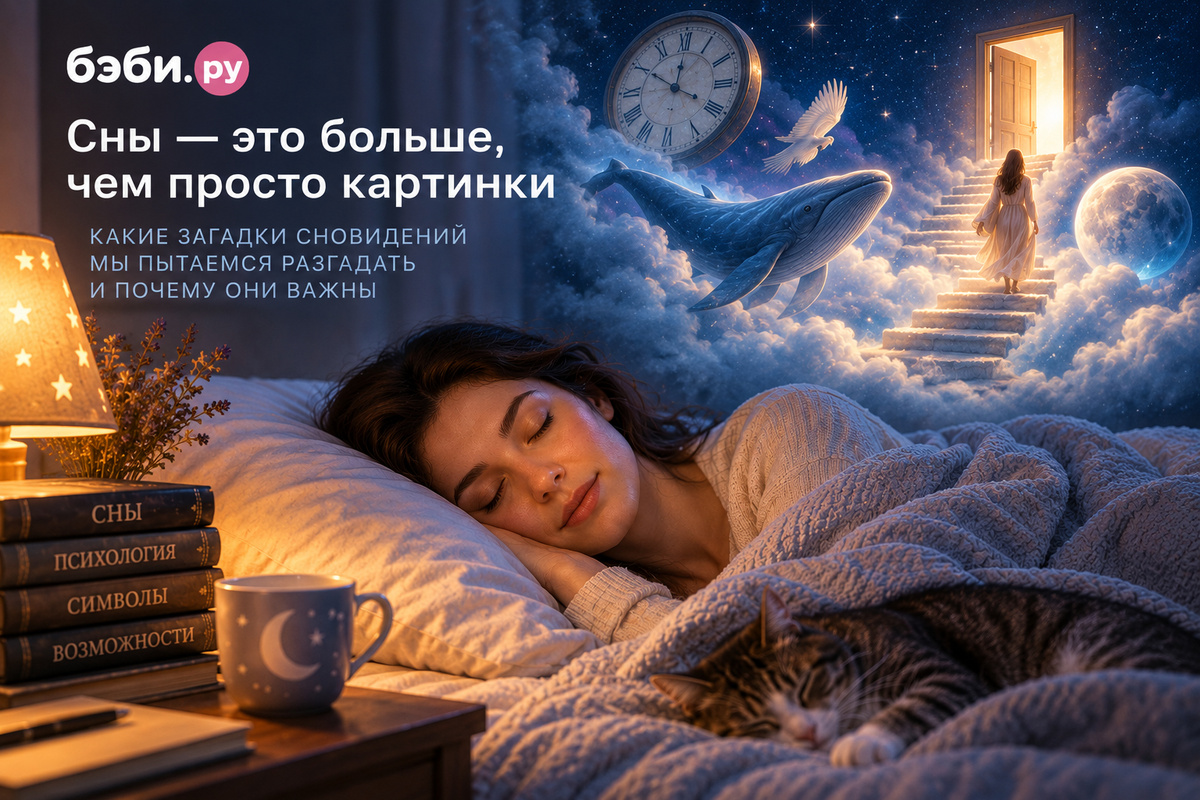 Спящая женщина, образы кита, часов и лестницы в облаках – символическая иллюстрация нерешённых загадок сна