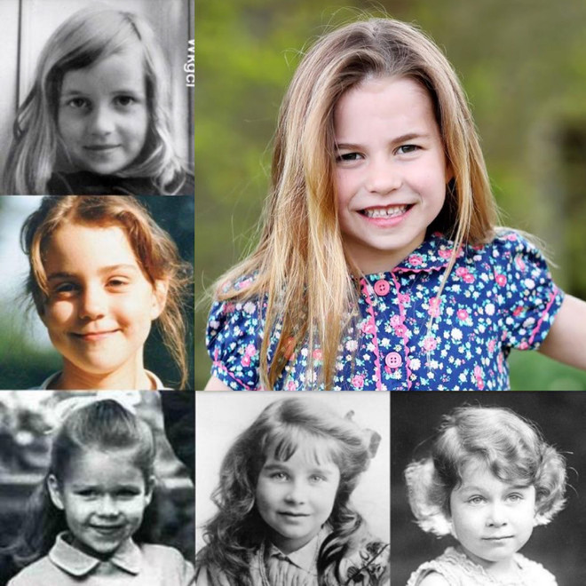 На фото сверху вниз и слева направо: Диана Спенсер, принцесса Шарлотта, Кейт Миддлтон, леди Сара Чатто (дочь принцессы Маргарет), королева-мать, Елизавета II.   Instagram @wkgcl