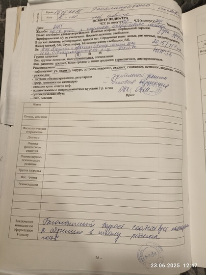 Медицинская карта в школу.